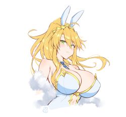 Rule 34 | 1girl, ahoge, animal ears, artoria pendragon (all), artoria pendragon (fate), artoria pendragon (swimsuit ruler) (fate), blonde hair, breasts, clothing cutout, crown, emu (confisery), fake animal ears, fate/grand order, fate (series), feather boa, green eyes, hair between eyes, highres, large breasts, leotard, long hair, navel, navel cutout, playboy bunny, ponytail, rabbit ears, simple background, solo, upper body, white background