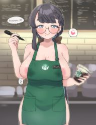 Rule 34 | 1girl, apron, areola slip, barista, black hair, blurry, blurry background, blush, bow, braid, brand name imitation, breasts, brown-framed eyewear, brown bow, cafe, choco-chan, cleavage, coffee, coffee cup, cup, disposable cup, earrings, glasses, green apron, hair bow, hanjuku choco-pai, heart, heart earrings, heart in eye, holding, holding marker, iced latte with breast milk (meme), jewelry, lactation, lactation through clothes, large breasts, long hair, low ponytail, marker, meme, mole, mole on breast, mole under mouth, multiple moles, naked apron, name tag, naughty face, original, round eyewear, semi-rimless eyewear, side braid, smile, solo, speech bubble, starbucks, symbol in eye, translation request, under-rim eyewear, very long hair