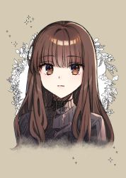 Rule 34 | 1girl, ayaka (disagree), black sweater, blunt bangs, brown eyes, brown hair, closed mouth, cropped torso, fate/extra, fate (series), grey background, highres, kishinami hakuno (female), long hair, looking at viewer, ribbed sweater, solo, straight hair, sweater