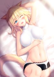 Rule 34 | 1girl, animal ears, aqua eyes, arm behind head, armpits, bad id, bad pixiv id, bare shoulders, bed sheet, blush, boyshort panties, breasts, cat ears, cat tail, commentary request, crop top, drooling, facial mark, fang, final fantasy, final fantasy xiv, large breasts, looking at viewer, lying, miqo&#039;te, mutsuba fumi, navel, on back, one eye closed, open mouth, solo, stomach, sunlight, tail, tears, wince, window shadow