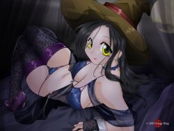 Rule 34 | 1girl, black hair, black mage (final fantasy), bra, breasts, female focus, final fantasy, hat, long hair, panties, see-through, solo, underwear, witch hat, yellow eyes, young wang