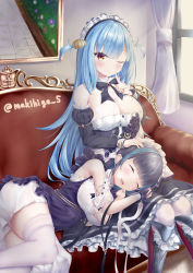 Rule 34 | 2girls, absurdres, animal ears, apron, armored boots, artist name, azur lane, bare shoulders, black bow, black dress, blue hair, boots, bow, breasts, cheshire (azur lane), clam, clam shell, cleavage, detached collar, detached sleeves, dress, fake animal ears, fang, finger to mouth, frilled hairband, frilled headband, frilled ribbon, frilled skirt, frills, hairband, highres, large breasts, long hair, lying, maid, maid headdress, makihige, multicolored hair, multiple girls, neptune (azur lane), on side, one eye closed, puffy detached sleeves, puffy sleeves, purple apron, purple hair, ribbon, shell hair ornament, sitting, skin fang, skirt, sleeping, strapless, strapless dress, streaked hair, white legwear, wrist cuffs, yellow eyes