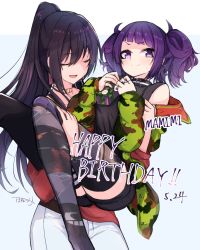 Rule 34 | 2girls, black hair, black shorts, blue background, blush, camouflage, camouflage coat, carrying, character name, closed eyes, closed mouth, coat, commentary, dated, denim, diagonal bangs, feet out of frame, green coat, hanetsuka, happy birthday, high ponytail, highres, holding person, idolmaster, idolmaster shiny colors, jacket, jeans, long hair, long sleeves, looking away, multiple girls, open mouth, pants, ponytail, princess carry, purple eyes, purple hair, red jacket, shirase sakuya, shirt, short hair, short twintails, shorts, signature, simple background, sleeveless, sleeveless shirt, sweatdrop, tanaka mamimi, thighhighs, twintails, white pants