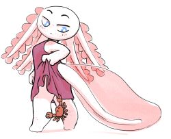 Rule 34 | 1girl, :c, axolotl girl, axolotl tail, blue eyes, breasts, bright pupils, closed mouth, colored skin, commentary, crab, dress, english commentary, fewer digits, freckles, full body, half-closed eyes, holding, looking at animal, looking away, looking down, loti (siebe wierdsma), medium breasts, monster girl, no feet, no nose, original, pink dress, pink theme, raised eyebrows, short dress, sideways glance, siebe wierdsma, simple background, skirt hold, sleeveless, sleeveless dress, solo, standing, sundress, white background, white pupils, white skin