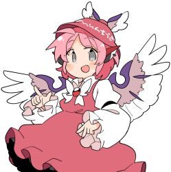 Rule 34 | 1girl, animal ears, bird ears, bird wings, blush, brown dress, brown hat, collared shirt, dress, earrings, fang, frilled dress, frills, grey eyes, hat, highres, ini (inunabe00), jewelry, long sleeves, mystia lorelei, open mouth, pink hair, shirt, short hair, simple background, single earring, skin fang, sleeves past fingers, sleeves past wrists, smile, solo, touhou, white background, white shirt, white wings, winged hat, wings
