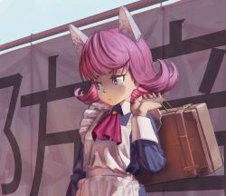 Rule 34 | 1girl, apron, ascot, blue dress, collared dress, commentary request, copyright request, dress, flipped hair, frilled apron, frills, hand up, headgear, highres, hironii (hirofactory), holding, maid apron, pink hair, purple ascot, purple eyes, solo, suitcase, upper body, white apron