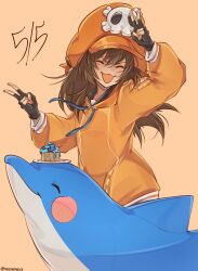 Rule 34 | 1girl, absurdres, black gloves, brown hair, cabbie hat, closed eyes, cupcake, dolphin, double v, facing viewer, fingerless gloves, food, gloves, guilty gear, guilty gear strive, hair between eyes, hat, highres, jacket, long hair, long sleeves, may (guilty gear), mil17459623, mr. dolphin (guilty gear), open mouth, orange hat, orange jacket, plate, skull and crossbones, twitter username, v