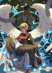 Rule 34 | 1girl, 2boys, aegis (persona), android, angel wings, black hair, blonde hair, blue hair, bug, butterfly, closed eyes, club3, feathers, fine art parody, headphones, highres, insect, joints, lying on person, mochizuki ryouji, multiple boys, parody, persona, persona 3, pieta, robot joints, scarf, school uniform, short hair, sitting, suspenders, wings, yuuki makoto (persona 3)