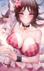 Rule 34 | 1girl, absurdres, animal ears, areola slip, arknights, arm up, bad id, bad pixiv id, bare shoulders, bell, bikini, binggong asylum, black choker, breasts, brown hair, choker, commentary request, eyjafjalla (arknights), eyjafjalla (summer flower) (arknights), highres, holding, horns, infection monitor (arknights), jingle bell, large breasts, neck bell, official alternate costume, pink bikini, plaid, plaid bikini, sheep ears, sheep horns, solo, swimsuit, upper body