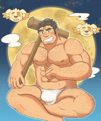 Rule 34 | 1boy, ^ ^, abs, bara, blush, bulge, character request, chest hair, closed eyes, cross scar, closed eyes, facial hair, full body, fundoshi, genki (gen2 genki), grin, hammer, head tilt, highres, holding, holding hammer, houzouin oniwaka, japanese clothes, kine, large bulge, large pectorals, leg hair, long sideburns, looking at viewer, male focus, mallet, mature male, muscular, muscular male, navel, nipples, pectorals, scar, scar on face, scar on forehead, short hair, sideburns, smile, solo, stomach, stubble, thick eyebrows, thick thighs, thighs, tokyo houkago summoners, topless male