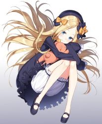 Rule 34 | 1girl, abigail williams (fate), black bow, black dress, black footwear, black hat, blonde hair, bloomers, blue eyes, blush, bow, closed mouth, dress, eyebrows, fate/grand order, fate (series), feet, forehead, gradient background, hair bow, hat, holding, holding stuffed toy, hugging object, light smile, long hair, long sleeves, looking at viewer, masuishi kinoto, orange bow, shoes, sleeves past fingers, sleeves past wrists, smile, solo, stuffed animal, stuffed toy, teddy bear, underwear