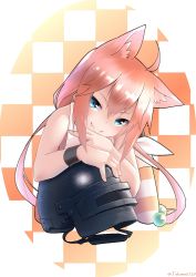 Rule 34 | 1girl, ahoge, akuma (st.takuma), animal ear fluff, animal ears, blue eyes, cat ears, checkered background, closed mouth, commentary request, fang, hair bobbles, hair ornament, helmet, hinata channel, looking at viewer, nekomiya hinata, pink hair, playerunknown&#039;s battlegrounds, shirt, sleeveless, sleeveless shirt, smile, solo, striped clothes, striped thighhighs, thighhighs, twintails, twitter username, virtual youtuber, white shirt