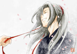 Rule 34 | 1boy, black hair, closed eyes, long hair, male focus, modao zushi, parted lips, petals, red ribbon, ribbon, signature, smile, trough-bird, upper body, wei wuxian, white background