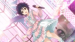 Rule 34 | 1girl, 22/7, 22/7 ongaku no jikan, blue hair, bow, bowtie, brown eyes, concert, dress, dutch angle, frilled dress, frilled socks, frills, game cg, highres, holding, holding microphone, idol, idol clothes, leg up, lens flare, light particles, long sleeves, looking at viewer, microphone, non-web source, official art, open mouth, screen zoom, short hair, smile, socks, solo, sparkle, speaker, spiral staircase, stairs, takigawa miu, wavy hair, white bow, white bowtie, white socks