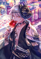 Rule 34 | 1boy, ahoge, candy apple, clothing request, facing to the side, food, food focus, fox mask, hair between eyes, highres, looking to the side, male focus, mask, original, robe, short hair, solo, summer festival, suzaku (zaku6584), tattoo, white hair, yellow eyes