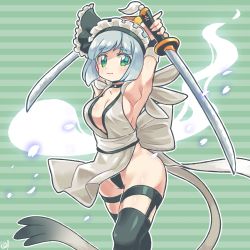 Rule 34 | 1girl, armpits, black thighhighs, breasts, choker, cleavage, commission, commissioner upload, cosplay, detached sleeves, green eyes, grey hair, highres, holding, holding sword, holding weapon, iroha (samurai spirits) (cosplay), konpaku youmu, konpaku youmu (ghost), maid, maid headdress, maid leotard, medium breasts, multiple swords, open mouth, pmx, samurai spirits, short hair, skeb commission, smile, solo, standing, sword, thighhighs, touhou, unconventional maid, weapon