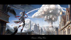 Rule 34 | 1girl, aircraft, ankle boots, arknights, arm up, bare shoulders, bird, black footwear, black jacket, black shorts, black thighhighs, blue sky, boots, building, chinese commentary, city, commentary request, day, demon girl, demon horns, demon tail, detonator, english text, explosion, highres, holding, horns, jacket, leg up, letterboxed, long sleeves, off shoulder, official alternate costume, open clothes, open jacket, outdoors, rooftop, shirt, short hair, shorts, silver hair, sky, smoke, solo, standing, standing on one leg, tail, thighhighs, w (arknights), waist cape, white shirt, z 05