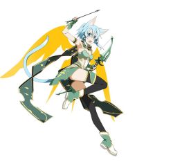 Rule 34 | 1girl, animal ears, arm strap, armor, armpits, arrow (projectile), black shorts, black thighhighs, blue hair, bow (weapon), breastplate, breasts, cat ears, cat tail, cleavage, fingerless gloves, full body, gloves, green gloves, green ribbon, hair between eyes, hair ribbon, holding, holding arrow, holding bow (weapon), holding weapon, leg up, medium breasts, midriff, open mouth, ribbon, scarf, short hair with long locks, short shorts, shorts, sidelocks, simple background, sinon (sao-alo), solo, strapless, sword art online, tail, thighhighs, weapon, white background
