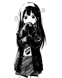 Rule 34 | 10s, 1girl, blush, cardigan, covering own mouth, greyscale, idolmaster, idolmaster cinderella girls, long hair, long sleeves, looking at viewer, monochrome, necktie, open cardigan, open clothes, oversized clothes, pleated skirt, school uniform, shibuya rin, skirt, sleeves past wrists, smelling, solo, striped necktie, striped neckwear, watarai keiji, wide-eyed