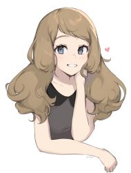 Rule 34 | 1girl, artist name, bare arms, brown hair, collarbone, collared shirt, commentary, creatures (company), english commentary, eyelashes, game freak, grey eyes, heart, highres, light blush, long hair, looking at viewer, milka (milk4ppl), nintendo, pokemon, pokemon xy, serena (pokemon), shirt, simple background, sleeveless, sleeveless shirt, smile, solo, upper body, white background