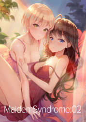 Rule 34 | 2girls, ahoge, arm grab, arm support, ass, bare arms, bare shoulders, blonde hair, blue eyes, blush, breasts, brown hair, chemise, cleavage, collarbone, couple, female focus, frilled chemise, frills, green eyes, ichinose shiki, idolmaster, idolmaster cinderella girls, indoors, large breasts, lips, long hair, looking at viewer, medium breasts, miyamoto frederica, multiple girls, neck, nightgown, off shoulder, open mouth, panties, parted lips, pillow, red panties, see-through, short hair, side-tie panties, sitting, strap slip, terumii, underwear, underwear only, wavy hair, yuri