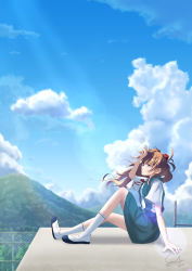 Rule 34 | 1girl, akiranogo2000, arm support, blouse, blue eyes, blue sky, brown hair, chain-link fence, cloud, fence, forest, hand on forehead, highres, interface headset, kneehighs, long hair, looking at viewer, mountainous horizon, nature, neck ribbon, neon genesis evangelion, ribbon, rooftop, school uniform, shirt, signature, skirt, sky, socks, solo, souryuu asuka langley, suspender skirt, suspenders, tokyo-3 middle school uniform, two side up, white footwear, white shirt