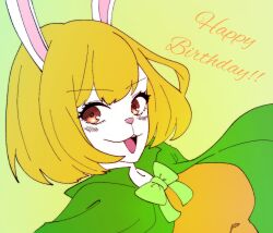 Rule 34 | 1girl, animal ears, blonde hair, cape, carrot (one piece), commentary request, detective 0414, dress, green cape, green hair, highres, looking at viewer, neck ribbon, one piece, orange dress, rabbit ears, rabbit girl, ribbon, short hair, solo