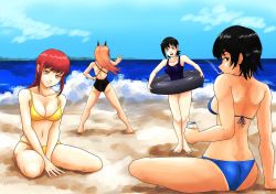 Rule 34 | 4girls, arm up, ass, bare shoulders, beach, bikini, black eyes, black hair, blue bikini, blue sky, braid, braided ponytail, breasts, brown hair, chainsaw man, cigarette, cleavage, cloud, collarbone, day, demon girl, drink, exit (brush whip), eyepatch, higashiyama kobeni, himeno (chainsaw man), holding, holding drink, horns, light smile, long hair, looking back, looking to the side, makima (chainsaw man), medium breasts, mole, mole under eye, mole under mouth, multiple girls, nervous, ocean, pink hair, power (chainsaw man), red horns, ringed eyes, sand, school swimsuit, seiza, short hair, sitting, sky, smile, smoking, summer, sweat, swimsuit, water, yellow bikini, yellow eyes