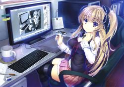 Rule 34 | 1girl, absurdres, aikawa tatsuki, blonde hair, blush, bow, breasts, calendar (object), cellphone, chair, computer, cup, desktop, drawing, drawing tablet, eraser, from side, hair bow, hand on headphones, headphones, headphones around neck, highres, indoors, keyboard (computer), large breasts, long hair, looking at viewer, may, monitor, mug, office chair, original, pen, phone, pleated skirt, ponytail, purple eyes, recursion, scan, side ponytail, sidelocks, sitting, skindentation, skirt, smartphone, smile, solo, striped clothes, striped thighhighs, stylus, swivel chair, thighhighs, windows 7, yuuki hagure