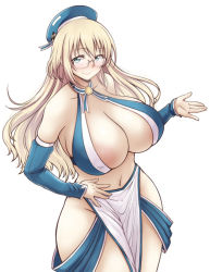 Rule 34 | 10s, 1girl, adapted costume, areola slip, atago (kancolle), bare shoulders, beret, blonde hair, blush, breasts, cleavage, covered erect nipples, criss-cross halter, curvy, detached sleeves, glasses, green eyes, halterneck, halterneck, hand on own hip, hat, huge breasts, kantai collection, large areolae, loincloth, long hair, navel, pas (paxiti), pelvic curtain, revealing clothes, semi-rimless eyewear, sideboob, solo, thick thighs, thighs, under-rim eyewear, wide hips