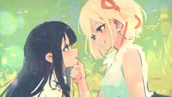 Rule 34 | 2girls, absurdres, black hair, blonde hair, blush, closed mouth, commentary, dated, dress, ear blush, english commentary, eye contact, hair ribbon, hand on another&#039;s chin, highres, inoue takina, long hair, looking at another, lycoris recoil, multiple girls, nishikigi chisato, one side up, open mouth, purple eyes, red eyes, red ribbon, ribbon, rnna, short hair, sidelocks, signature, sleeveless, sleeveless dress, smile, upper body, white dress, yuri
