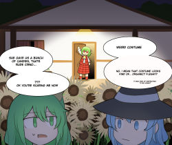 Rule 34 | 3girls, :/, alternate costume, basket, black dress, blue eyes, blue hair, buttons, cirno, commentary, daiyousei, dark, door, dress, english commentary, english text, fairy, fairy wings, fangs, full body, green eyes, green hair, halloween, halloween costume, hat, hat ribbon, highres, holding, house, ice, ice wings, jack-o&#039;-lantern, kazami yuuka, long sleeves, mata (matasoup), multiple girls, open mouth, red eyes, red neckwear, red skirt, red vest, ribbon, short hair, side ponytail, skirt, standing, touhou, trick or treat, vest, wings, witch hat