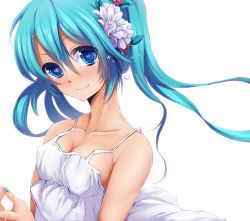Rule 34 | 1girl, aqua eyes, aqua hair, bare shoulders, blush, breasts, cleavage, collarbone, colorized, dress, eto, female focus, flower, hair flower, hair ornament, hatsune miku, heart, heart-shaped pupils, long hair, looking at viewer, mihatarou, nail polish, sideboob, simple background, smile, solo, sparkle, sundress, symbol-shaped pupils, tears, twintails, upper body, vocaloid, white background, white dress