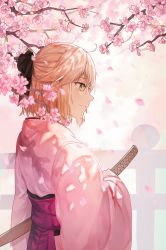 Rule 34 | 1girl, absurdres, ahoge, backlighting, black ribbon, blonde hair, cherry blossoms, commentary, falling petals, fate (series), from side, hair ribbon, hakama, hakama skirt, half updo, highres, holding, holding sword, holding weapon, japanese clothes, katana, kimono, koha-ace, light smile, looking to the side, okita souji (fate), okita souji (koha-ace), oretsuu, petals, ribbon, sheath, sheathed, sidelocks, skirt, solo, sword, twitter username, weapon, yellow eyes