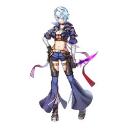 Rule 34 | 1girl, abyss chaser (ragnarok online), arm wrap, belt, black footwear, black gloves, blue hair, blue shirt, blue shorts, boots, braid, breasts, brown belt, chest harness, cleavage, crop top, dagger, detached pants, full body, gloves, grin, hair between eyes, hair over one eye, harness, highres, holding, holding dagger, holding knife, holding weapon, knife, large breasts, leona (pixiv), long bangs, looking at viewer, midriff, navel, official art, open clothes, open shirt, puffy short sleeves, puffy sleeves, purple eyes, ragnarok online, reverse grip, shirt, short hair, short shorts, short sleeves, shorts, simple background, smile, solo, standing, steel-toe boots, tachi-e, thigh strap, transparent background, weapon
