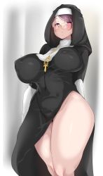 Rule 34 | 1girl, absurdres, breasts, glasses, gloves, habit, highres, huge breasts, hyuuman, lips, nun, purple hair, red eyes, solo, thick thighs, thighhighs, thighs