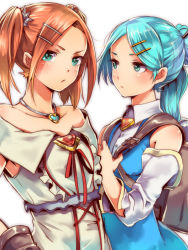Rule 34 | 2girls, backpack, bag, bare shoulders, blue hair, brown hair, collarbone, detached sleeves, file (ole tower), green eyes, hair ornament, hair stick, hairclip, jewelry, looking at viewer, mataichi mataro, multiple girls, ole tower, pendant, triangular file (ole tower), twintails