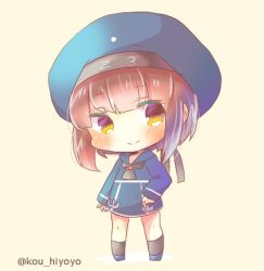 Rule 34 | 1girl, anchor, beige background, beret, black socks, blue dress, blue footwear, blue hat, blue sailor collar, blush, brown eyes, brown hair, character name, chibi, closed mouth, commentary request, dress, full body, hat, head tilt, kantai collection, kneehighs, kou hiyoyo, long sleeves, sailor collar, sailor dress, simple background, smile, socks, solo, standing, twitter username, z3 max schultz (kancolle)