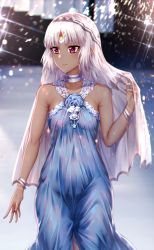 Rule 34 | 1girl, absurdres, altera (fate), bare shoulders, blue dress, blush, bracelet, breasts, closed mouth, contemporary, dark-skinned female, dark skin, dress, fate/extella, fate/extra, fate (series), highres, hua-j, jewelry, looking to the side, nail polish, neck ring, no bra, red eyes, revision, see-through, short hair, small breasts, thighs, veil, white hair