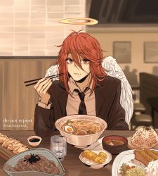 Rule 34 | 1boy, angel, angel devil (chainsaw man), angel wings, black jacket, black necktie, bowl, carrotsprout, chainsaw man, chewing, chopsticks, collared shirt, crumbs, cup, dumpling, feathered wings, food, hair between eyes, halo, highres, holding, holding chopsticks, jacket, jiaozi, long hair, looking at viewer, messy hair, necktie, noodles, orange eyes, orange hair, ramen, restaurant, rice, salad, shirt, soba, solo, soy sauce, twitter username, white shirt, white wings, wings