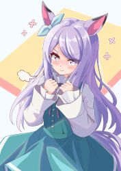 Rule 34 | 1girl, animal ears, breasts, casual, clenched hands, closed mouth, hair ornament, horse ears, horse girl, horse tail, looking at viewer, mejiro mcqueen (umamusume), mokichi3356, purple eyes, purple hair, simple background, smile, smug, solo, tail, umamusume