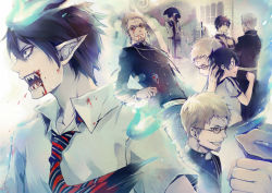 Rule 34 | 3boys, age difference, aged down, ao no exorcist, bad id, bad pixiv id, beard, black hair, bleeding, blood, blood on face, blue eyes, brothers, closed eyes, facial hair, father and son, fujimoto shirou, glasses, grave, grey hair, grin, hug, injury, male focus, multiple boys, necktie, okumura rin, okumura yukio, pointy ears, priest, red eyes, rinringyo, sharp teeth, short hair, siblings, smile, striped necktie, striped neckwear, tears, teeth, tombstone, umbrella
