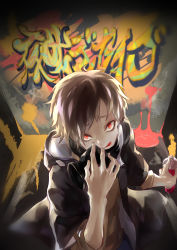 Rule 34 | 1boy, absurdres, bad id, bad pixiv id, blonde hair, fisheye, gas mask, graffiti, highres, hood, hoodie, kagerou project, kano shuuya, looking at viewer, male focus, mask, red eyes, respirator, short hair, solo, spray can, spray paint, tongue, vocaloid, wall, yelsh, yobanashi deceive (vocaloid)