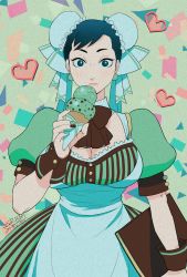Rule 34 | 1girl, absurdres, alternate costume, apron, black eyes, black hair, blush, bow, bowtie, breasts, brown bow, brown bowtie, brown nails, bun cover, capcom, center opening, chun-li, cleavage, closed mouth, commentary, cowboy shot, dated, double bun, dress, earrings, food, green background, green dress, green nails, hair bun, hair ribbon, heart, highres, holding, holding food, holding menu, ice cream, ice cream cone, jewelry, large breasts, lips, looking at viewer, menu, mint chocolate, mint chocolate chip, misodiru, multicolored nails, nail polish, puffy short sleeves, puffy sleeves, ribbon, short hair, short sleeves, signature, solo, star (symbol), star in eye, street fighter, striped clothes, striped dress, symbol in eye, vertical-striped clothes, vertical-striped dress, white apron, white ribbon, wrist cuffs