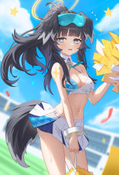 Rule 34 | 1girl, absurdres, animal ears, bare shoulders, black hair, blue archive, blue eyes, blue skirt, blue sky, blurry, blurry background, blurry foreground, blush, breasts, cheerleader, cleavage, cloud, confetti, crop top, day, depth of field, dog ears, dog girl, dog tail, eyewear on head, goggles, goggles on head, halo, hibiki (blue archive), hibiki (cheer squad) (blue archive), highres, holding, holding pom poms, long hair, looking at viewer, medium breasts, midriff, millennium cheerleader outfit (blue archive), miniskirt, multicolored hair, navel, oh kyoung hwan, open mouth, outdoors, pasties, pom pom (cheerleading), pom poms, ponytail, skirt, sky, solo, stadium, star pasties, sticker on arm, sticker on face, sunglasses, sweat, tail, white skirt