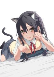 Rule 34 | 1girl, absurdres, animal ears, black hair, black legwear, blue skirt, blush, brown eyes, cat ears, cat tail, commentary request, hair between eyes, highres, k-on!, long hair, looking at viewer, lying, nakano azusa, neck ribbon, necosuna7l, on stomach, open mouth, paw pose, red ribbon, resolution mismatch, ribbon, sakuragaoka high school uniform, school uniform, shirt, short sleeves, simple background, skirt, solo, source smaller, sweater vest, tail, twintails, vest, white background, white shirt, yellow vest