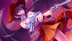 Rule 34 | 1girl, bandana, bare shoulders, black wings, blurry, blurry background, brown hat, cowboy hat, dutch angle, feathered wings, gradient sky, gun, handgun, hat, highres, holding, holding gun, holding weapon, horse girl, horse tail, kurokoma saki, looking at viewer, off-shoulder shirt, off shoulder, overskirt, plaid, plaid skirt, revolver, shirt, skirt, sky, smile, solo, tail, tatsu toyoyo, touhou, twilight, weapon, wings