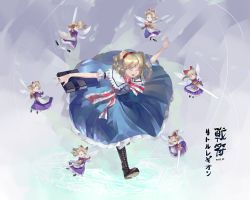 Rule 34 | 1girl, abstract background, alice margatroid, apron, black footwear, blonde hair, blue background, blue dress, blue eyes, book, boots, bow, bowtie, capelet, closed eyes, commentary, cross-laced footwear, dress, english commentary, grimoire of alice, hair bow, hairband, highres, holding, holding book, leaning forward, long hair, looking at viewer, open mouth, outstretched arms, puffy short sleeves, puffy sleeves, puppet strings, red bow, red bowtie, riki6, shanghai doll, short hair, short sleeves, solo, spread arms, standing, standing on one leg, sword, touhou, translation request, waist apron, weapon, white capelet, white sleeves