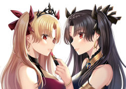 Rule 34 | 2girls, applying makeup, bad id, bad pixiv id, bare shoulders, black hair, black nails, blonde hair, blush, breasts, bug, butterfly, commentary request, cosmetics, earrings, ereshkigal (fate), fate/grand order, fate (series), from side, hair ornament, hair ribbon, harimoji, holding, holding lipstick tube, insect, ishtar (fate), jewelry, large breasts, lipstick, lipstick tube, long hair, looking at another, makeup, multiple girls, nail polish, parted bangs, parted lips, red eyes, ribbon, simple background, smile, tiara, two side up, white background