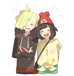 Rule 34 | 1boy, 1girl, :d, ^ ^, ahoge, arms behind back, bag, beanie, black hair, blonde hair, blush, closed eyes, creatures (company), crossed arms, drawing, floral print, game freak, gladion (pokemon), green shorts, hair over one eye, handbag, happy, hat, hood, hood down, hoodie, long sleeves, nintendo, open mouth, pokemon, pokemon sm, print shirt, red hat, selene (pokemon), shirt, short hair, short sleeves, shorts, shoulder bag, simple background, smile, tied shirt, torn clothes, unapoppo, upper body, white background, yellow shirt